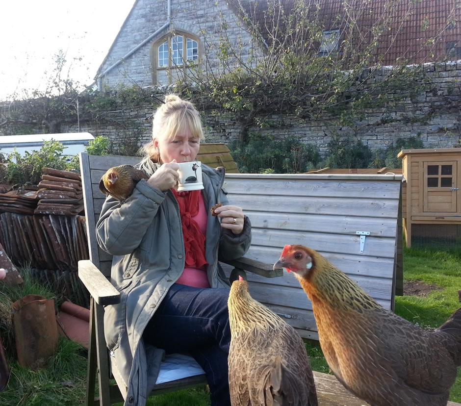Lucy Evans tea break with chickens